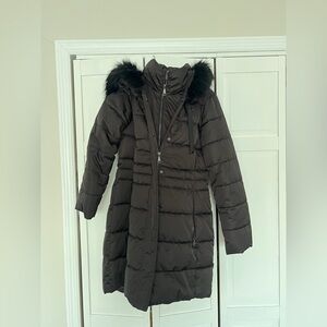 Tahari Black Puffer Coat with Faux Fur Hood